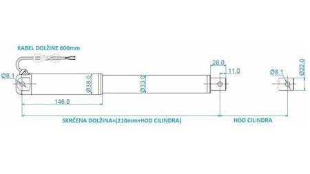 ELEKTRIČNI CILINDER 12V 100kg-9mm/sek HOD 300mm - dimenzije