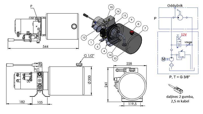 MINI HYDRAULISK AGGREGAT 12V DC - 1.6kW = 2.1cc - 8 lit - enkel retning montering MED HÅNDPUMPE