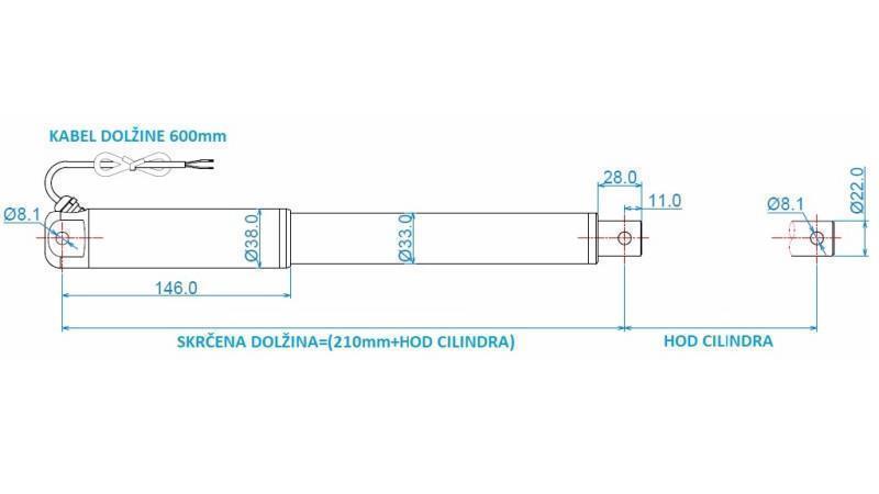 ЕЛЕКТРИЧЕСКИ ЦИЛИНДЪР 12V 150kg-5mm/sec ХОД 400mm - размери