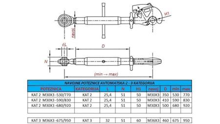 automatic tractor threaded drawbar category 2 M30x3-530/770